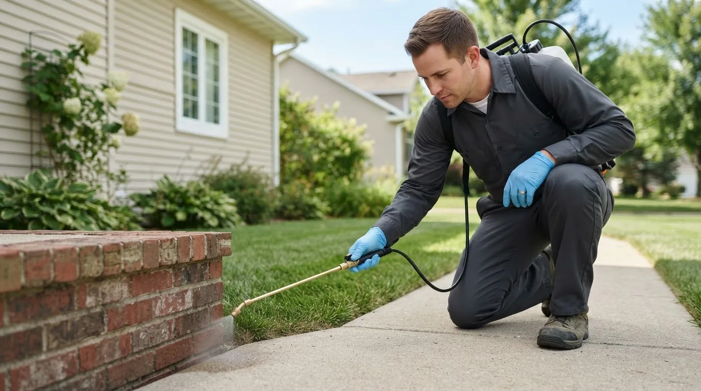 Pest control technician treating a home near East Bethany, NY