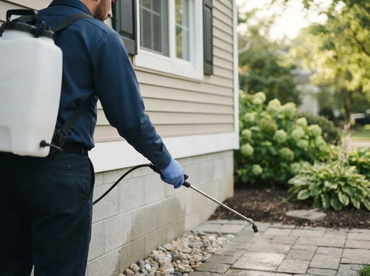 Pest control technician inspecting a home in East Bethany, NY